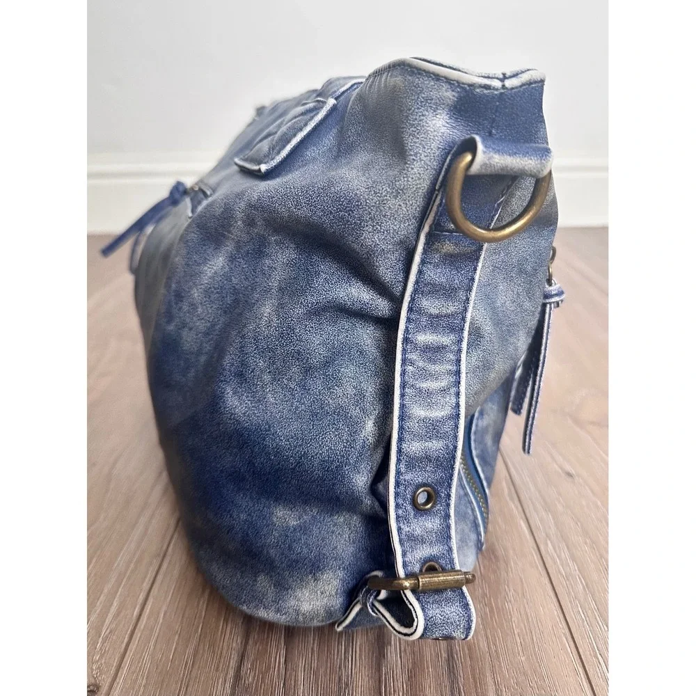 Montana West Blue Distressed Vegan Leather Shoulder Bag Western Tote Boho